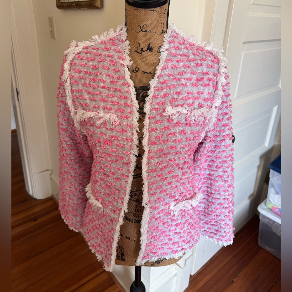 HUNTER BELL Pink and White Fringe Tweed Open Jacket
